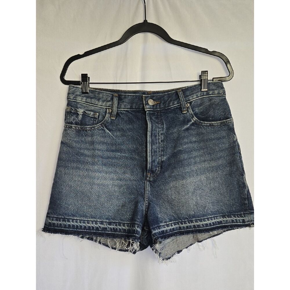 Express Distressed Mid-Blue High Waisted Denim Shorts